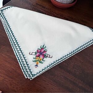 Vintage Hand Embroidered Floral Table Napkins, Set of 6